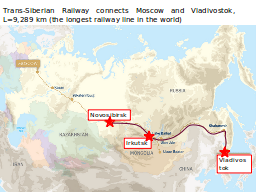 Trans-Siberian Railway connects Moscow and Vladivostok,  L=9,289 km (the longest railway line in the world)